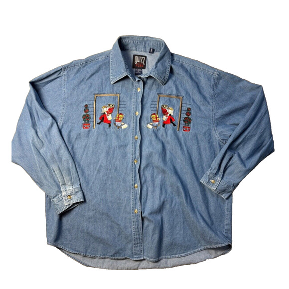 Embroidered Christmas Shopping Cat Denim Shirt 22 Vintage Quizz Plus 100% Cotton - Picture 1 of 10
